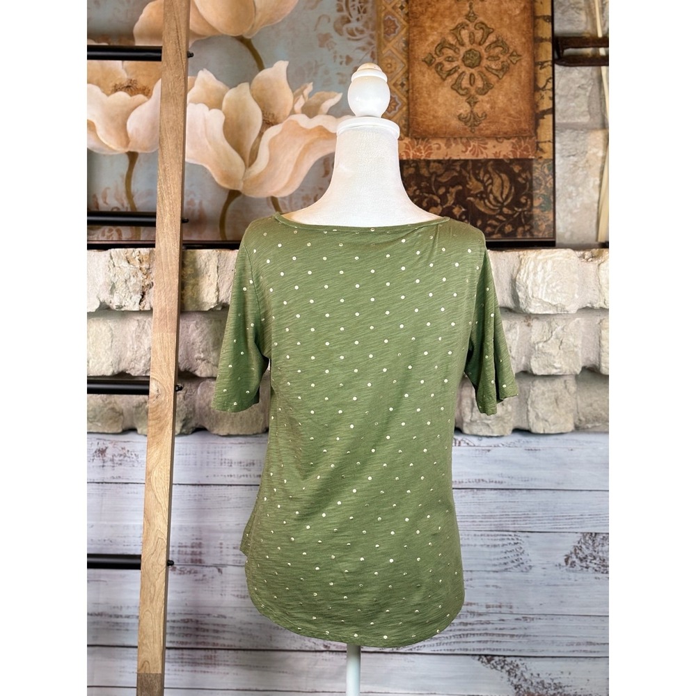 Loft Outlet Green Gold Polka Dot Cotton Slub Short Sleeve Top Small - Picture 3 of 6